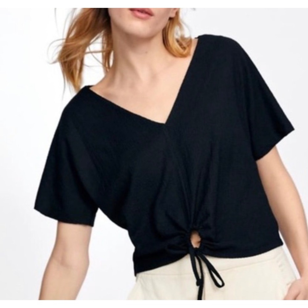 ZARA Textured V Neck Tie Front Crop Top Medium M Black Short Sleeve Crinkle NWT